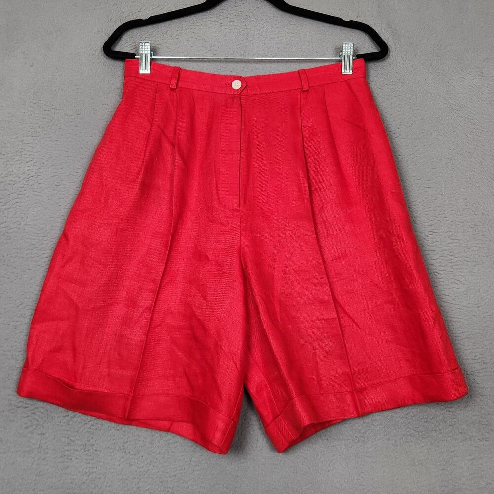 Talbots Shorts Womens 12 Red 100% Irish Linen Bermuda Pleated Cuffed 8.5" Inseam